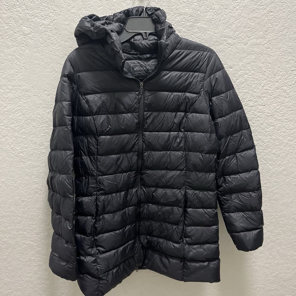 Eddie Bauer Women size M EB650 Down Parka Hooded Black Puffer Jacket Packs me